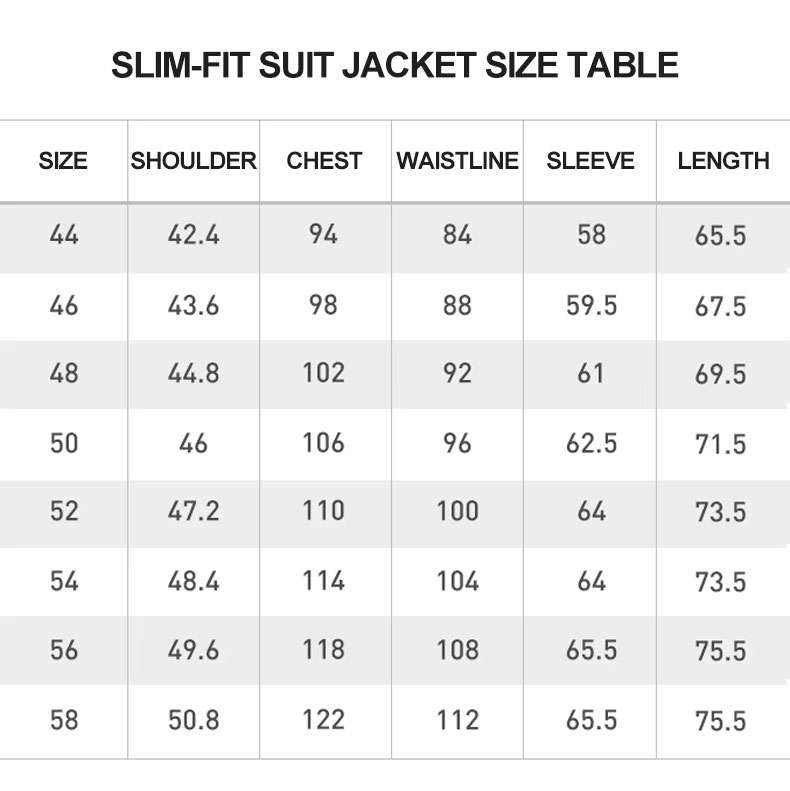 SIZE CHART FOR Men's Casual Suit TOP MEASURING METHOD