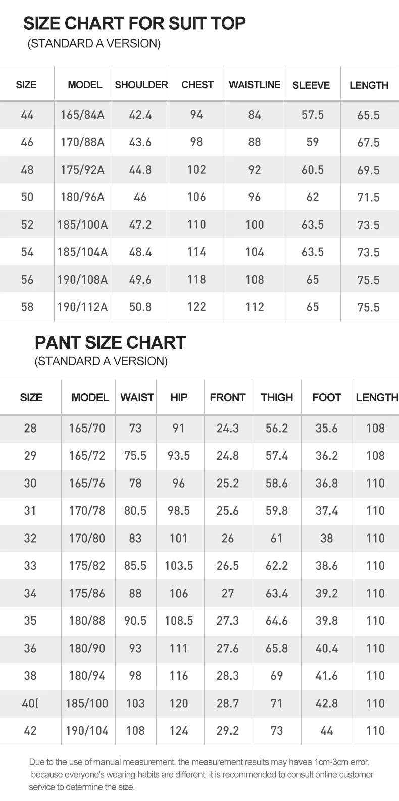 SIZE CHART FOR SUIT TOP (STANDARD A VERSION